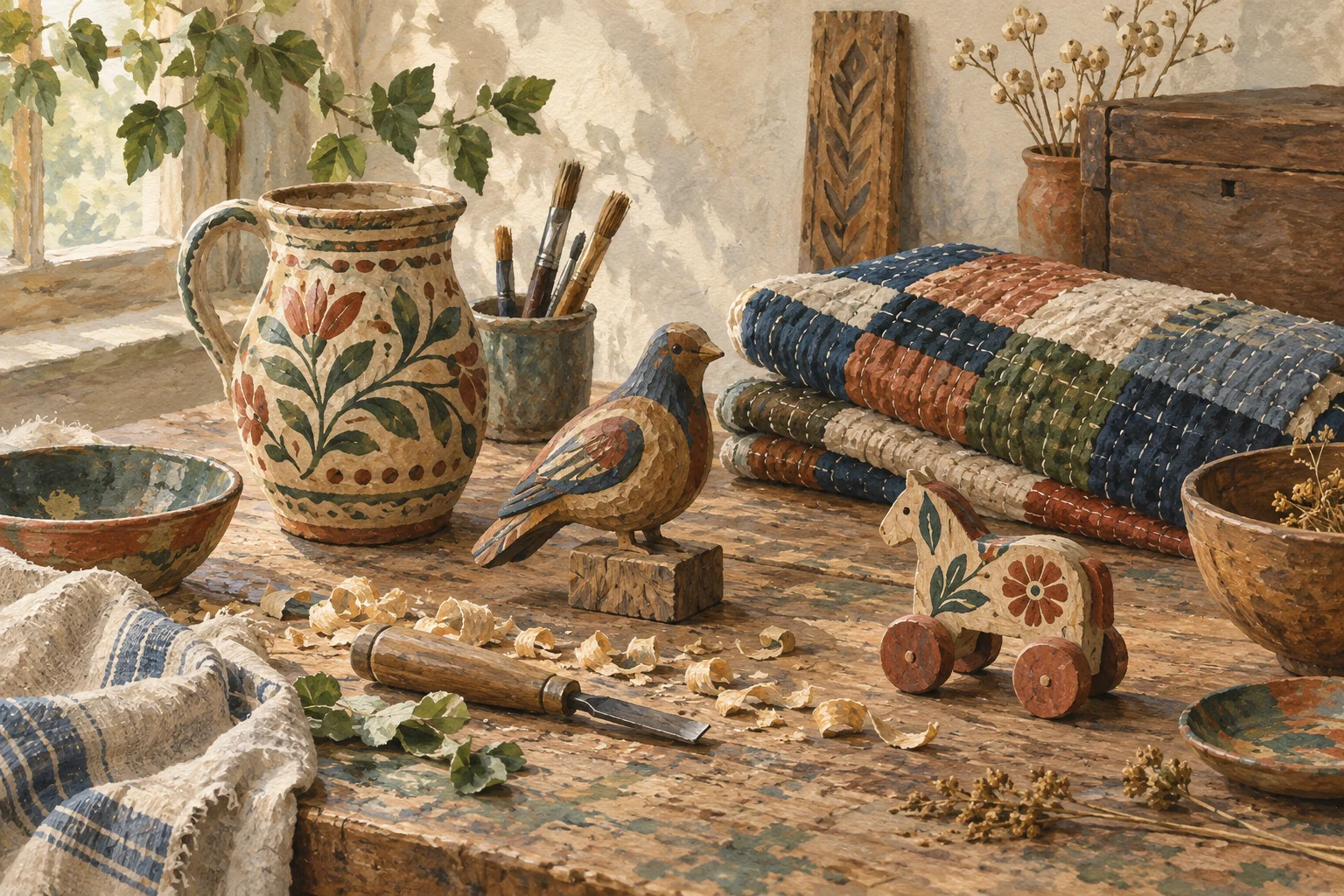 A watercolor worktable holding hand-painted pottery, carved wooden animals, a patchwork textile, brushes, and wood shavings