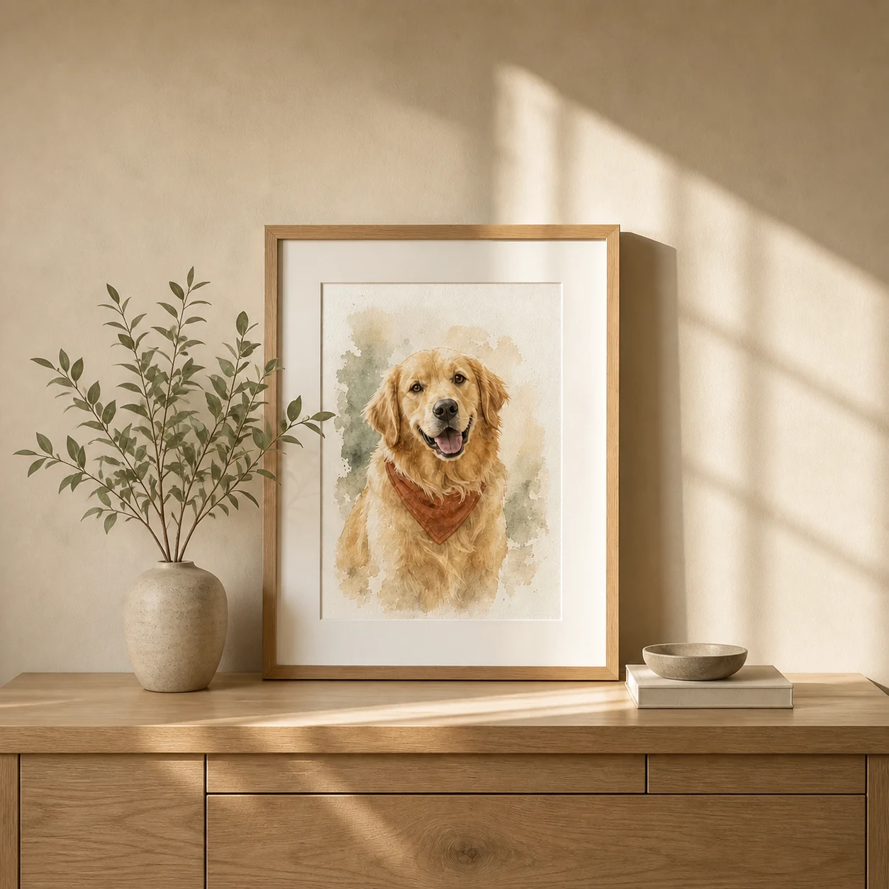 Framed watercolor portrait in a warm living room